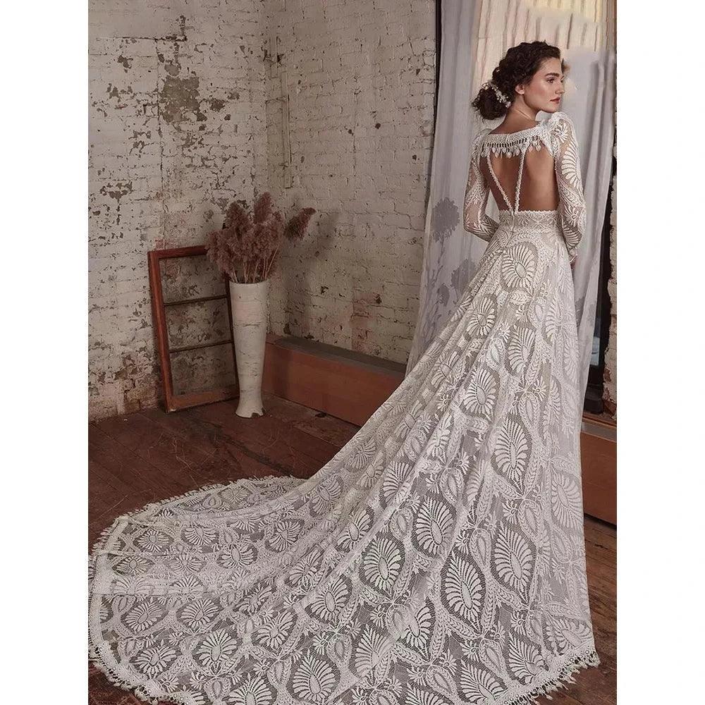 Gorgeous Spaghetti Strap Wedding Dresses Lace Bohemian Deep V-Neck Open Back Illusion Bridal Gowns свадебный наряд Robe De (ZD14180)