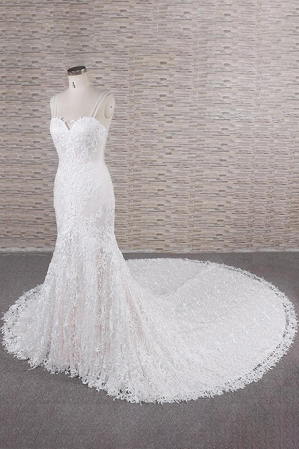 Gorgeous Spaghetti Straps Mermaid Wedding Dress | With Appliques Ivory Sleeveless Bridal Gowns