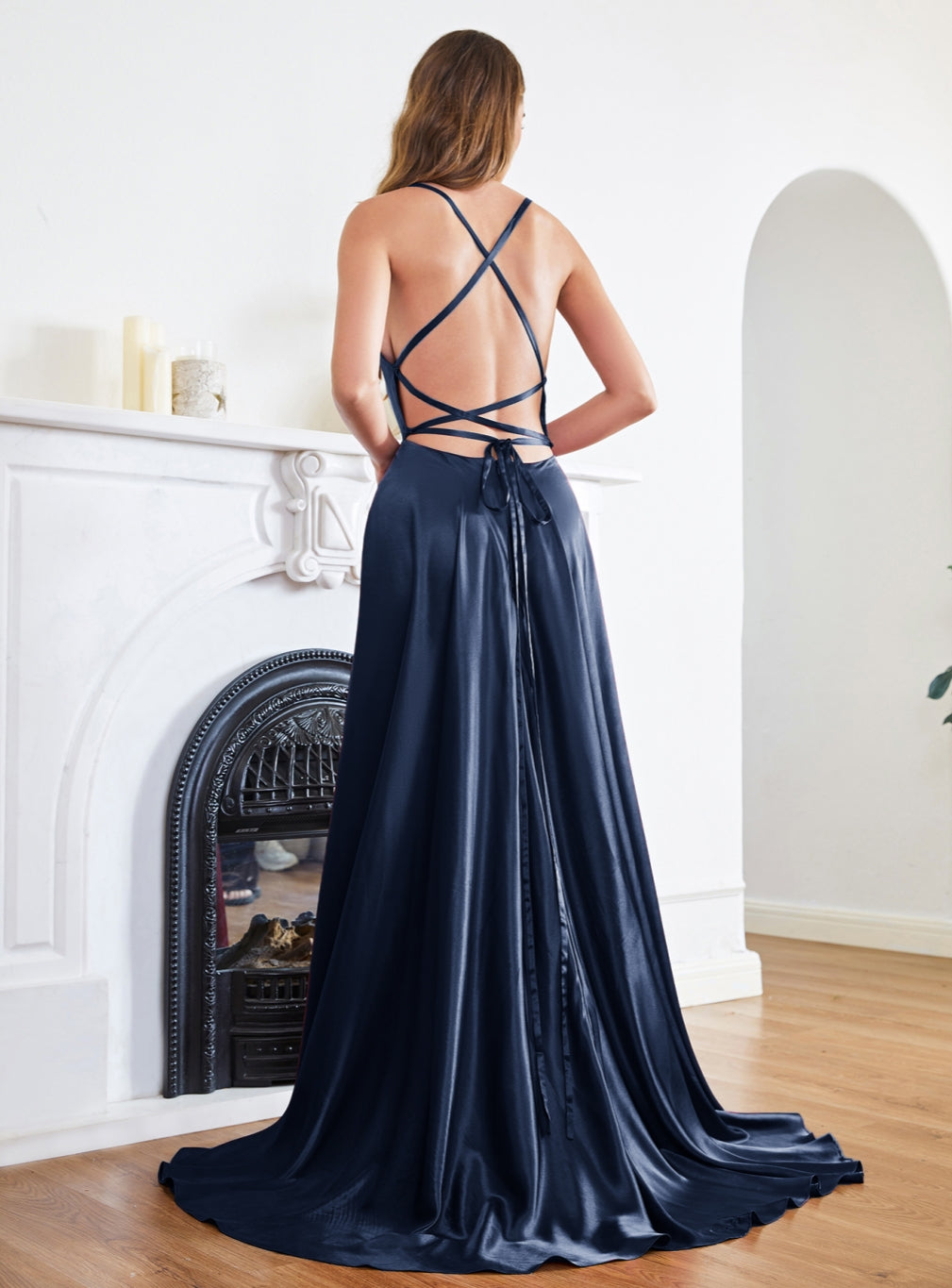 Gorgeous Split Front A-Line Square Neck Spaghetti Straps Satin Prom Dresses with Open Back