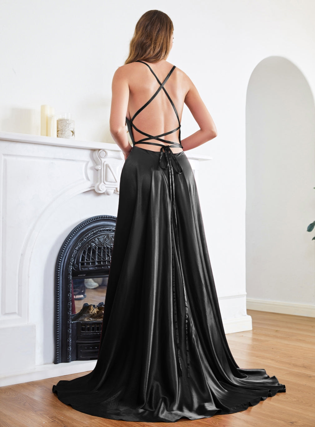 Gorgeous Split Front A-Line Square Neck Spaghetti Straps Satin Prom Dresses with Open Back
