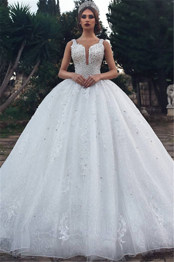 Gorgeous Straps Beading Ball Gown Wedding Dresses |  Tulle Appliques Sleeveless Bridal Gown