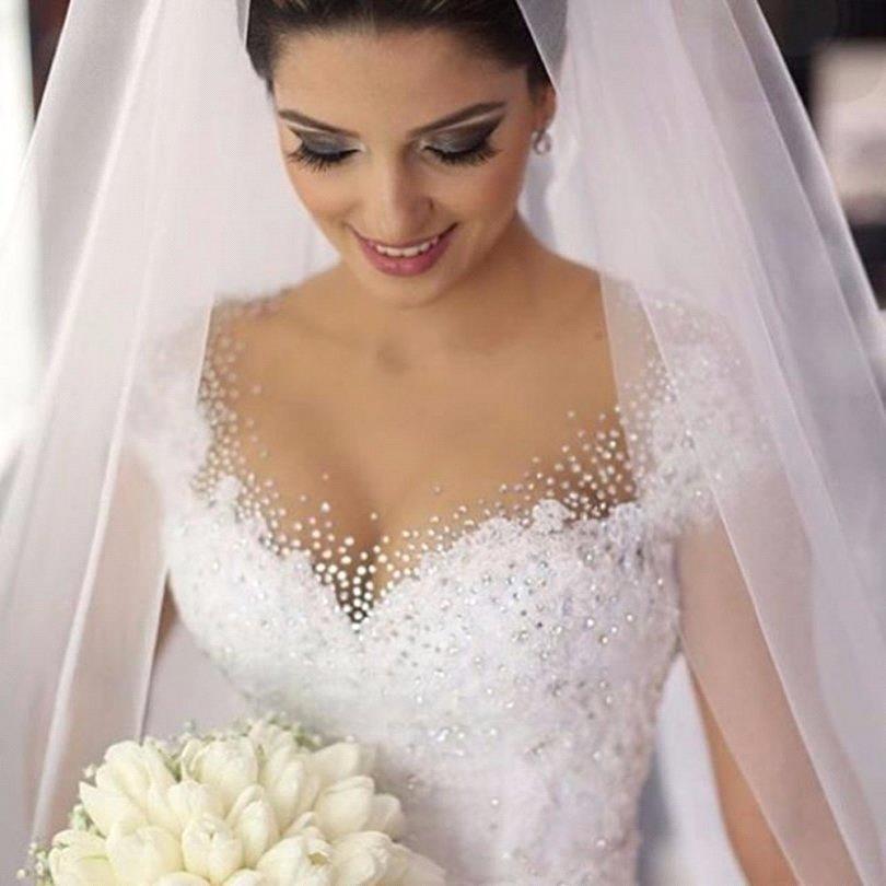 Gorgeous Tulle Crystal Wedding Dresses  Lace Short Sleeve Bridal Gowns