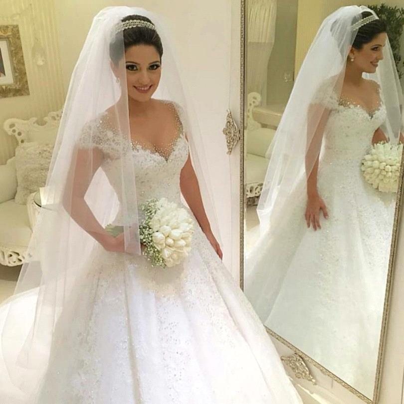 Gorgeous Tulle Crystal Wedding Dresses  Lace Short Sleeve Bridal Gowns