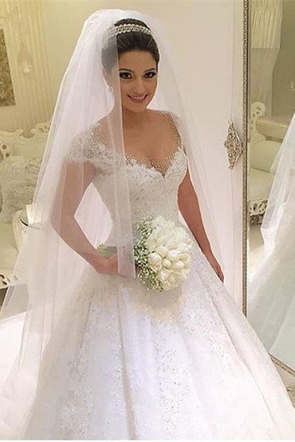 Gorgeous Tulle Crystal Wedding Dresses  Lace Short Sleeve Bridal Gowns