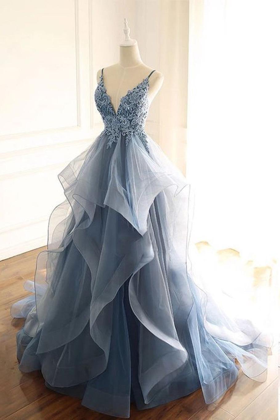 Gorgeous V Neck Spaghetti Straps Dark Blue Prom Dress With Ruffles