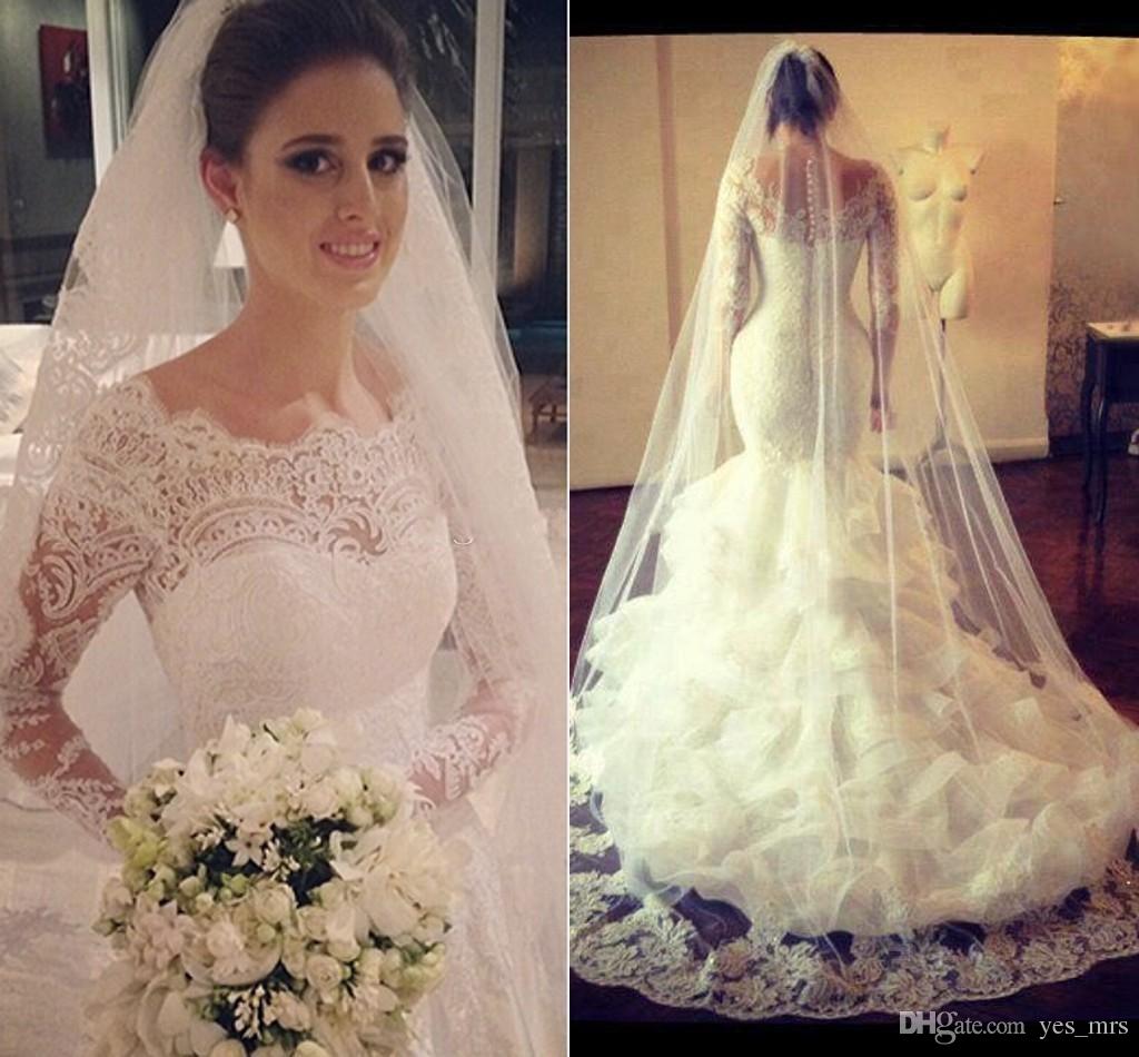 Gorgeous Wedding Dresses  Lace Mermaid Long Sleeve Bridal Gowns with Wedding Veil
