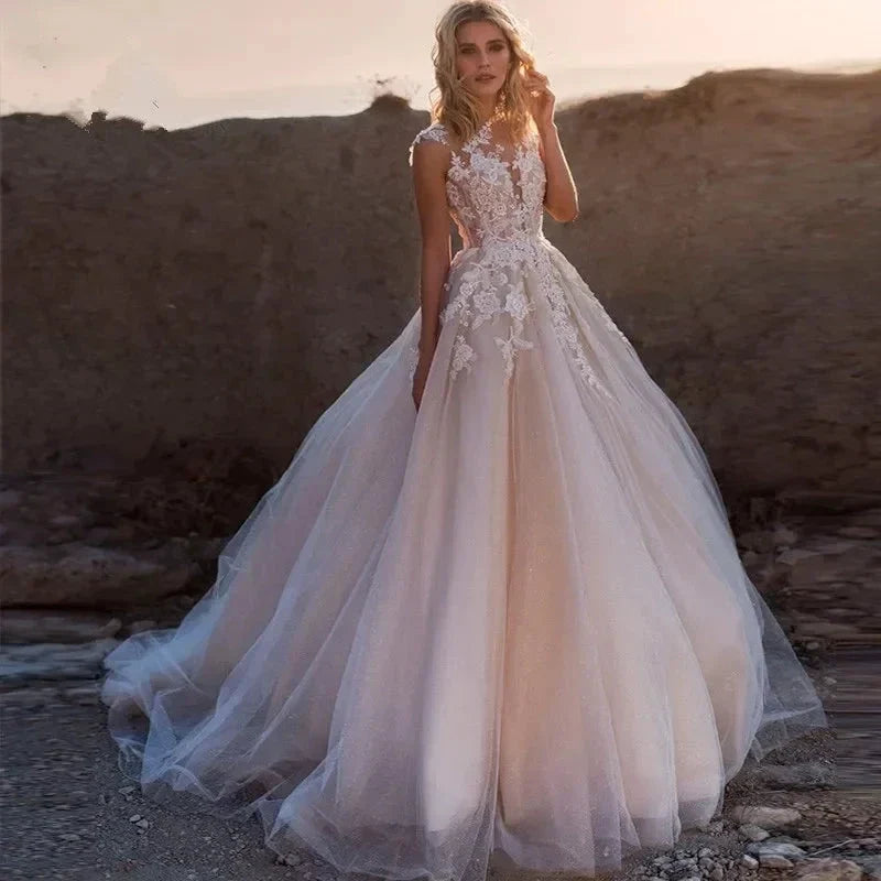 Gorgeous White Tulle O-Neck Sleeveless Decal Luxury Pearl Embroidery Button A-line Floor-Length Bridal Ball Dress (ZD14211) - VelvetHem