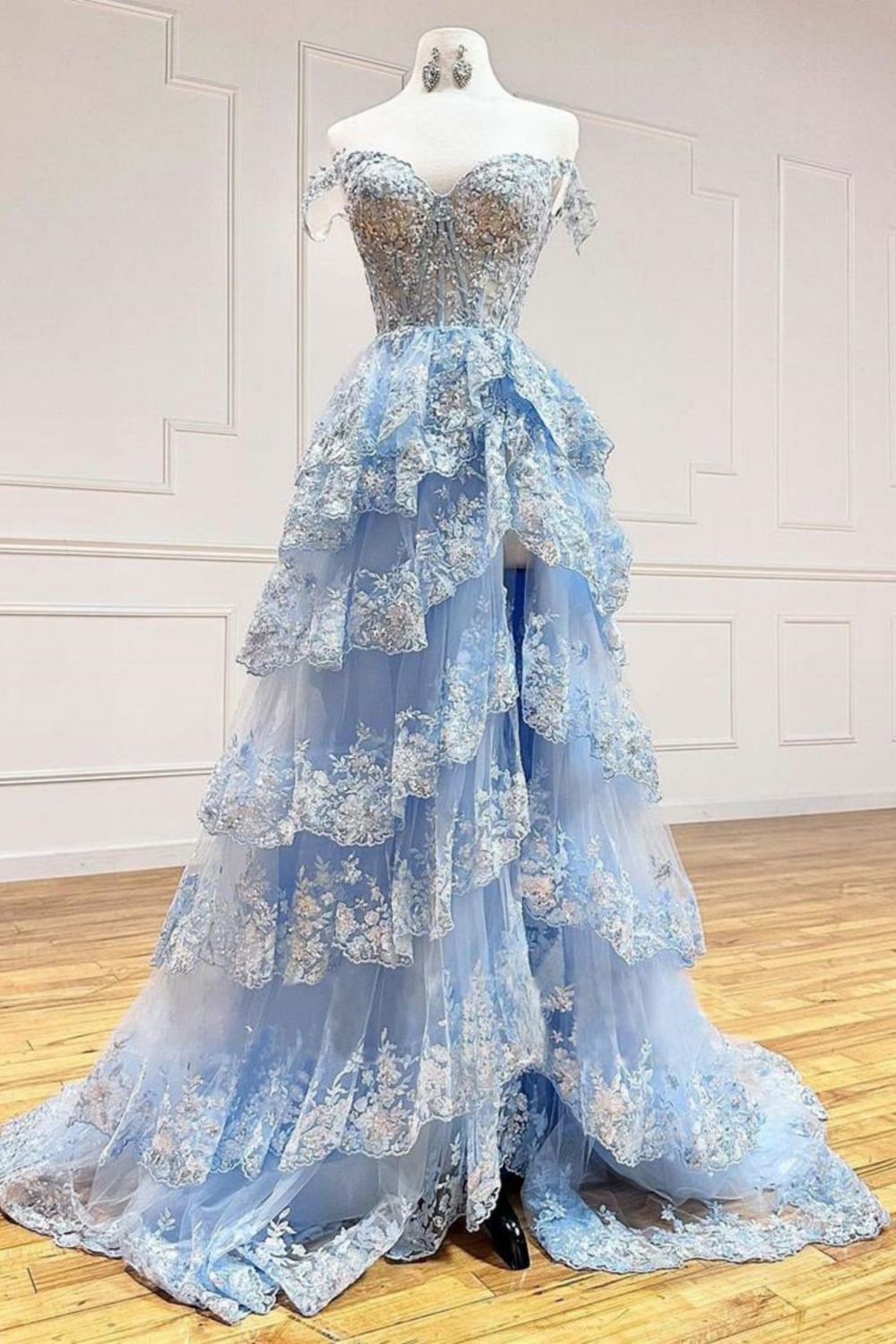 Gorgeous A-Line Light Blue Off The Shoulder Sparkly Tiered Long Prom Dress With Split - VelvetHem