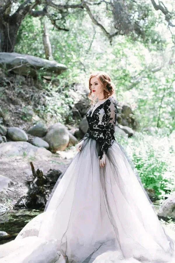 Gorgeous A-line V neck Long Sleeve Black Lace Wedding Dress Bridal Gown (ZD16004)