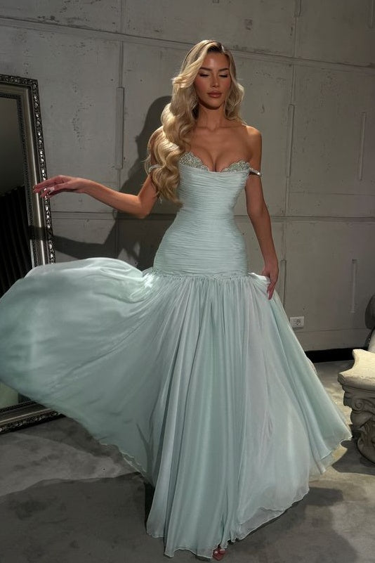 Gorgeous A Line Off the Shoulder Light Blue Long Prom Dress with Beading - VelvetHem