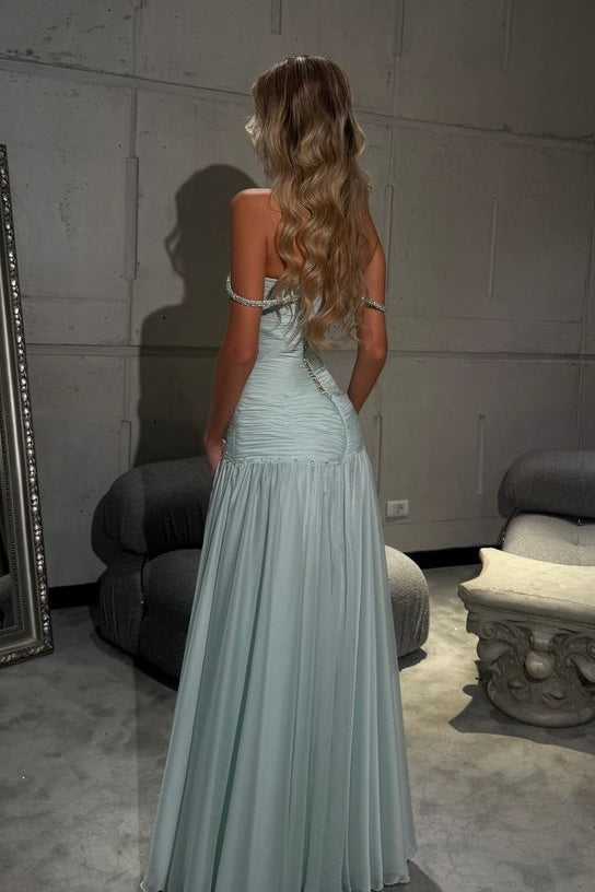 Gorgeous A Line Off the Shoulder Light Blue Long Prom Dress with Beading - View 5 | VelvetHem
