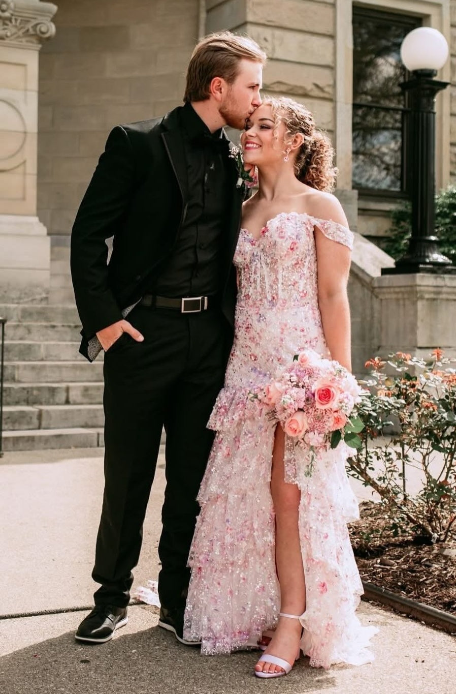 Gorgeous A Line Off the Shoulder Light Pink Corset Prom Dress with Appliques - View 2 | VelvetHem