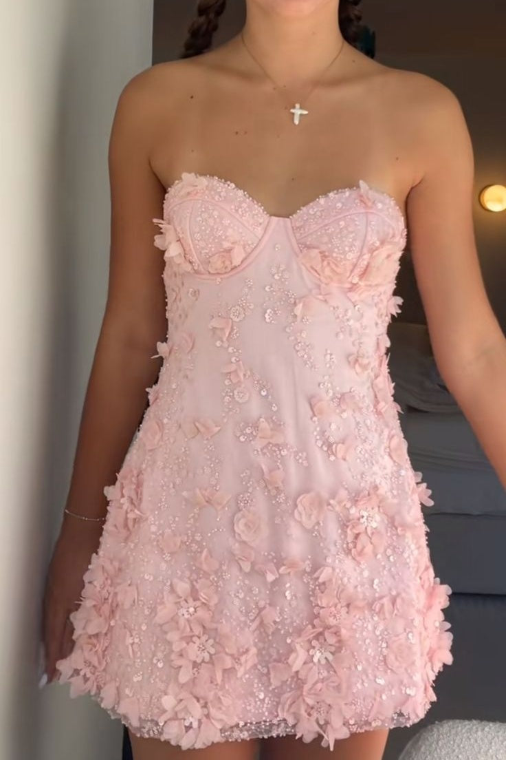 Gorgeous A Line Spaghetti Straps Pink Short Homecoming Dress with Appliques Beading