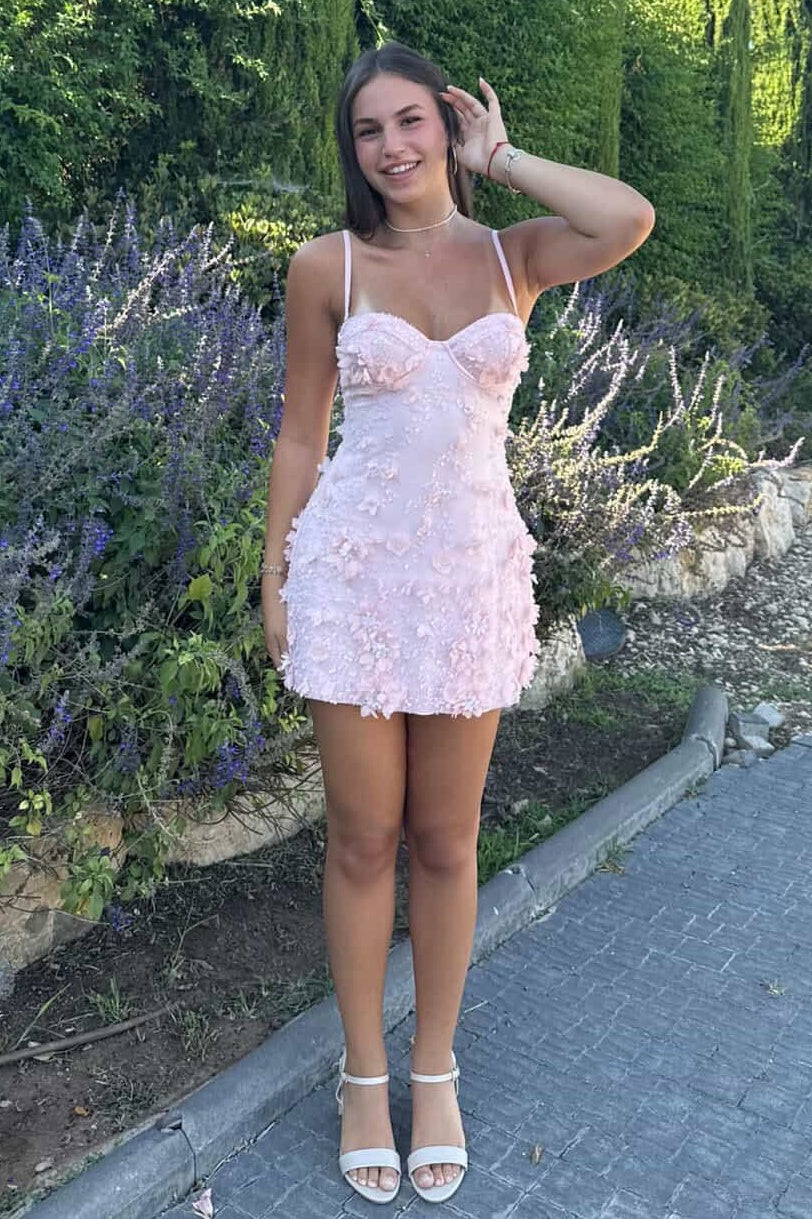 Gorgeous A Line Spaghetti Straps Pink Short Homecoming Dress with Appliques Beading