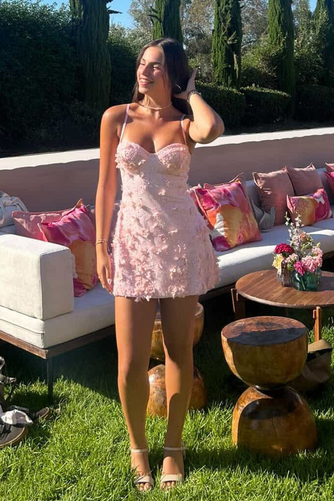 Gorgeous A Line Spaghetti Straps Pink Short Homecoming Dress with Appliques Beading