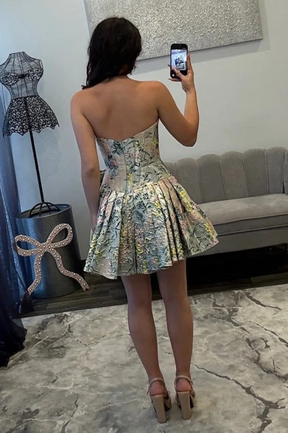 Gorgeous A Line Strapless Light Green Floral Printed Corset Homecoming Dress with Bowknot