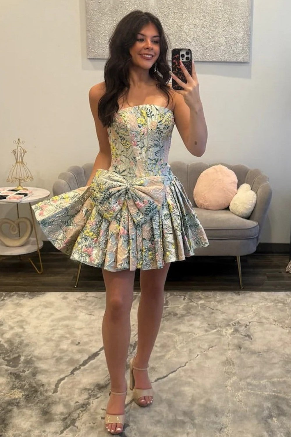 Gorgeous A Line Strapless Light Green Floral Printed Corset Homecoming Dress with Bowknot