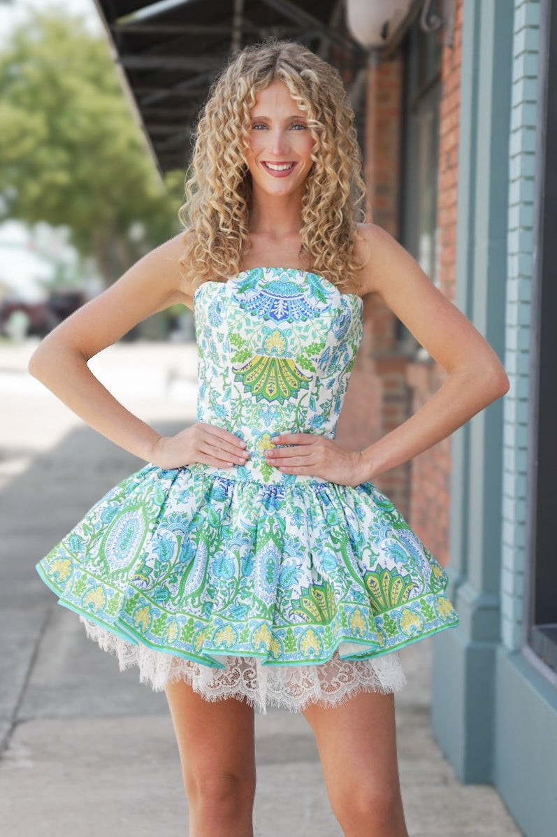 Trendy A Line Strapless Light Green Floral Printed Short Homecoming Dress with Lace