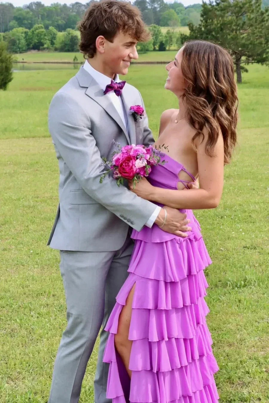 Gorgeous A Line Strapless Purple Long Prom Dress with Criss Cross Back