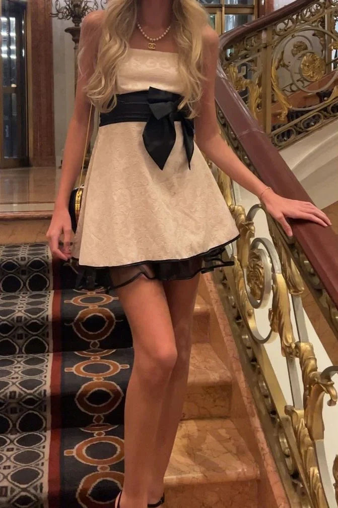Gorgeous A Line Strapless White Printed Short Homecoming Dress with Bowknot