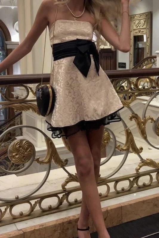 Gorgeous A Line Strapless White Printed Short Homecoming Dress with Bowknot