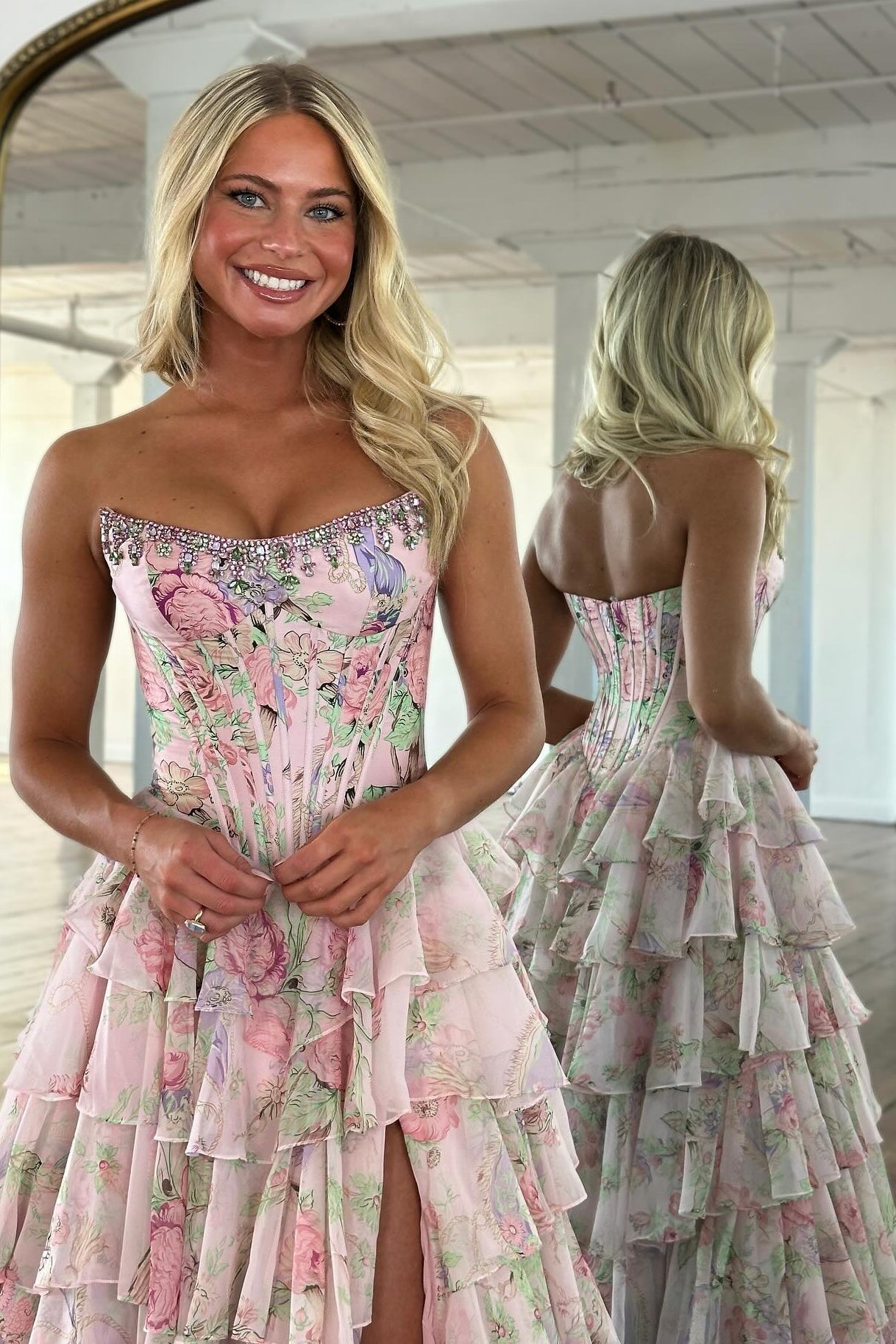 Gorgeous A Line Strapless Yellow Printed Corset Prom Dress with Beading Ruffles