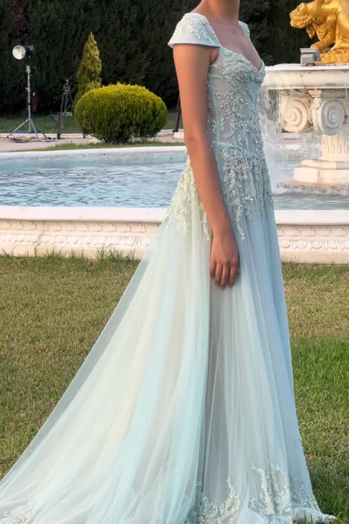 Retro Style A Line V Neck Light Green Long Prom Dress with Appliques Beading