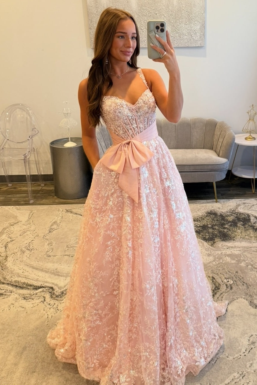 Gorgeous A Line Sweetheart Light Pink Corset Prom Dress with Bowknot - VelvetHem