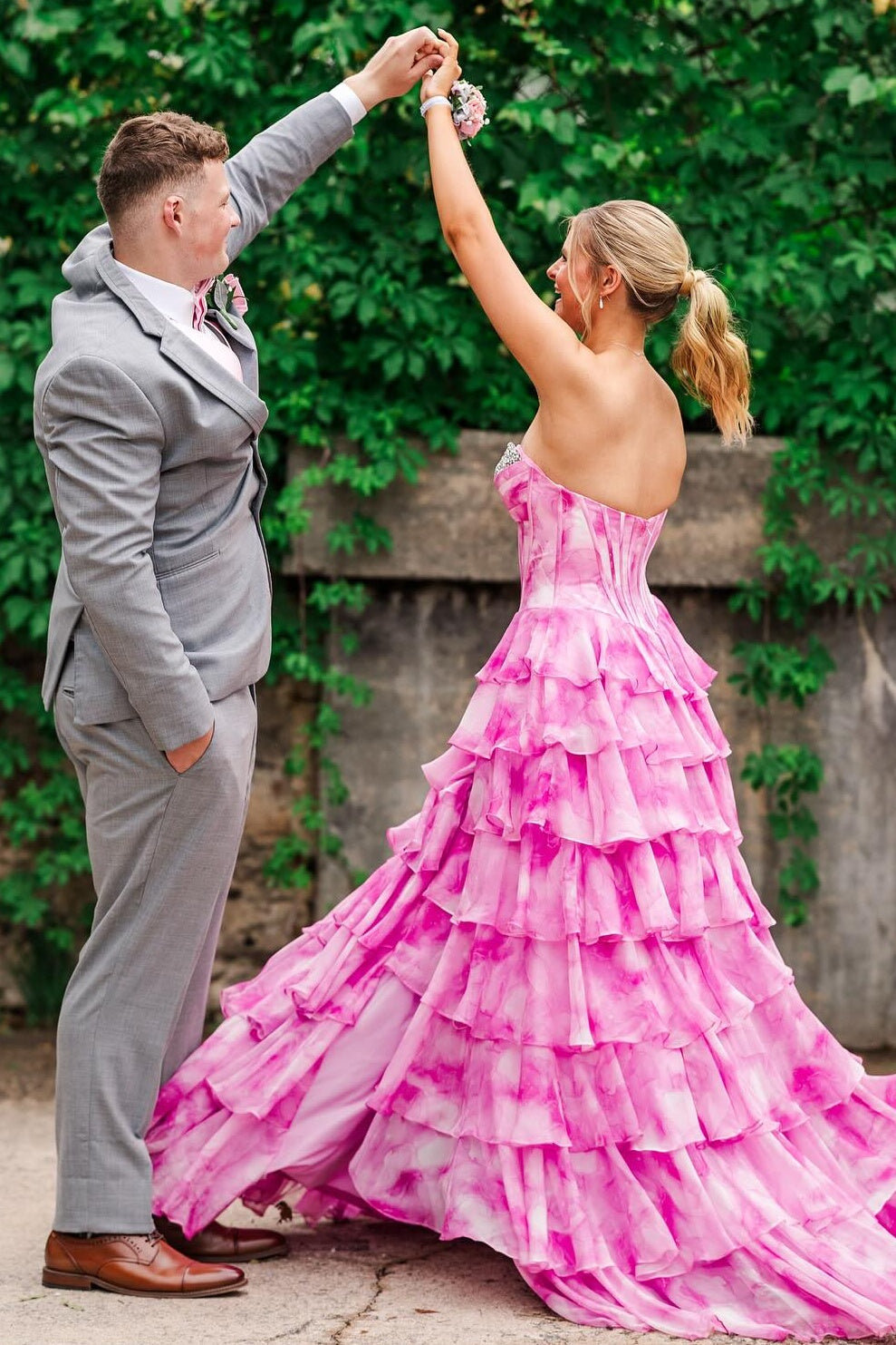 Gorgeous A Line Sweetheart Pink Printed Corset Prom Dress with Beading Ruffles - View 2 | VelvetHem