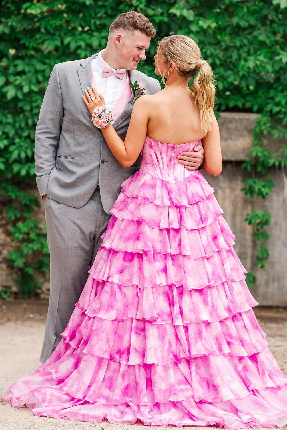 Gorgeous A Line Sweetheart Pink Printed Corset Prom Dress with Beading Ruffles - View 3 | VelvetHem