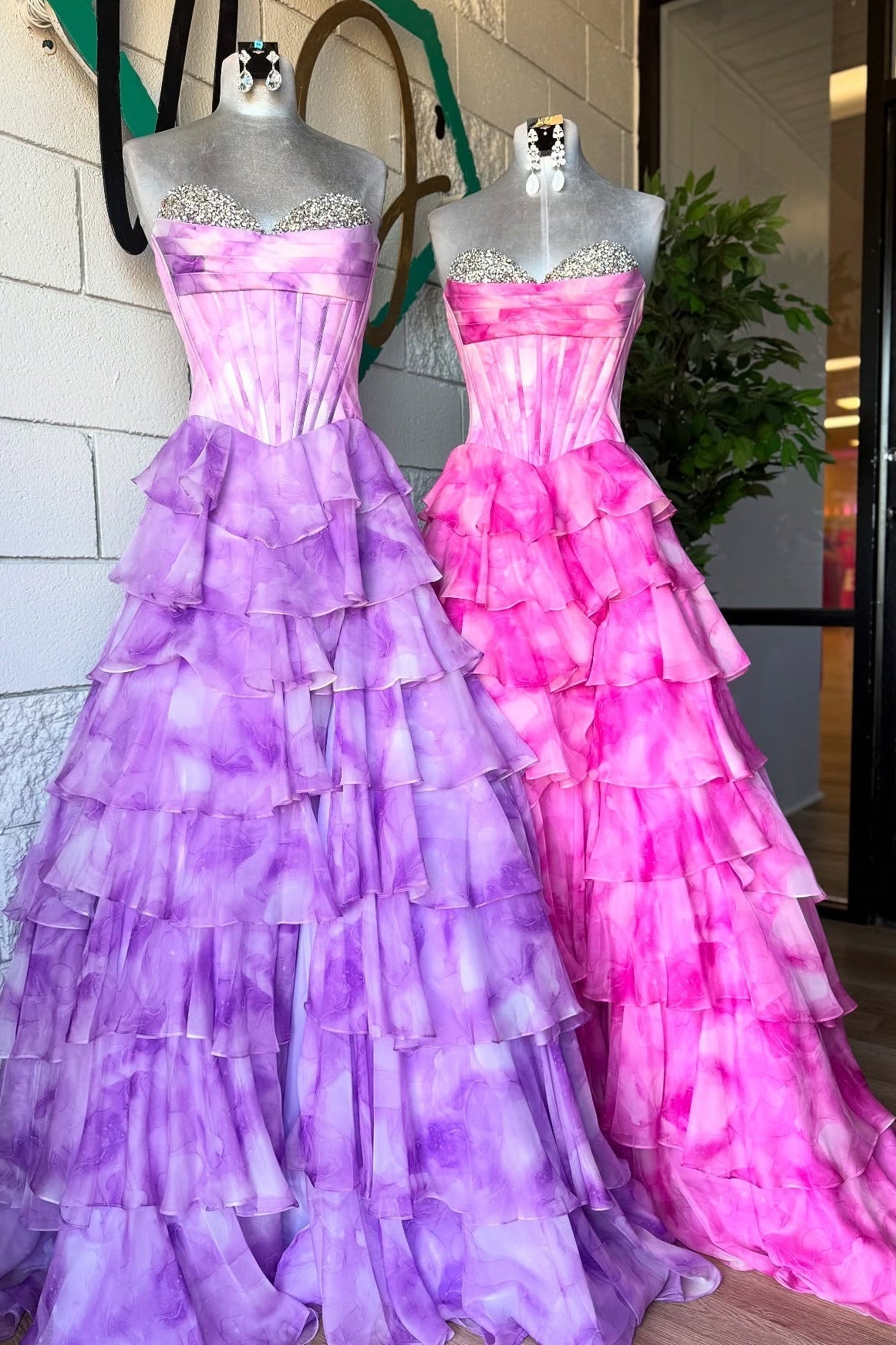 Gorgeous A Line Sweetheart Pink Printed Corset Prom Dress with Beading Ruffles - View 7 | VelvetHem