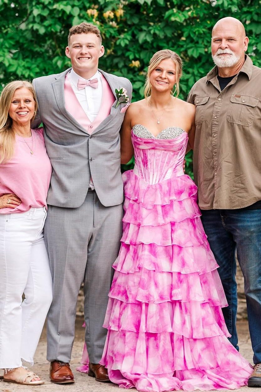 Gorgeous A Line Sweetheart Pink Printed Corset Prom Dress with Beading Ruffles - View 6 | VelvetHem
