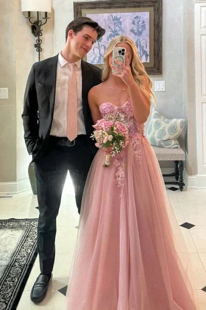 Gorgeous A Line Sweetheart Pink Long Prom Dress with Appliques - View 3 | VelvetHem
