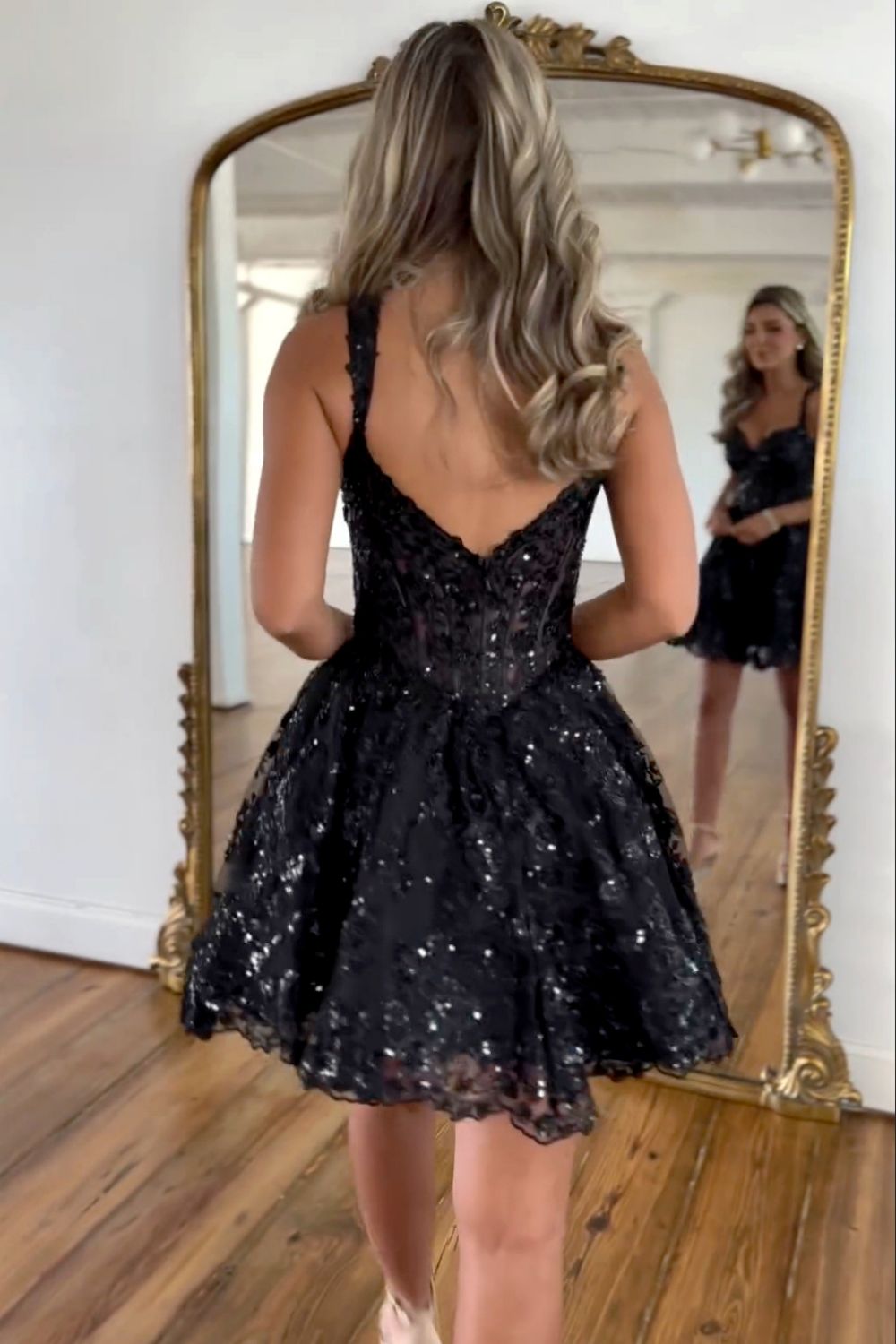 Gorgeous Black A-Line Straps Short Homecoming Dress with Sequin - View 2 | VelvetHem