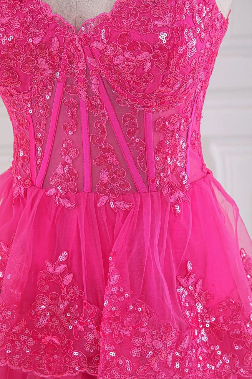 Gorgeous Fuchsia A-Line Off The Shoulder Long Tiered Prom Dress With Appliques - View 3 | VelvetHem