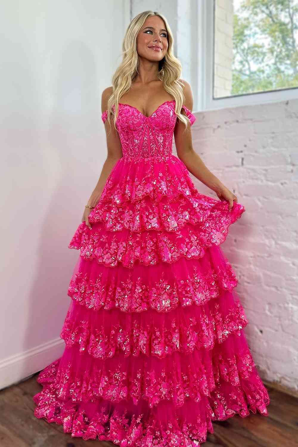Sparkly Gorgeous A-Line Off The Shoulder Long Prom Dress with Sequin Appliques - View 3 | VelvetHem