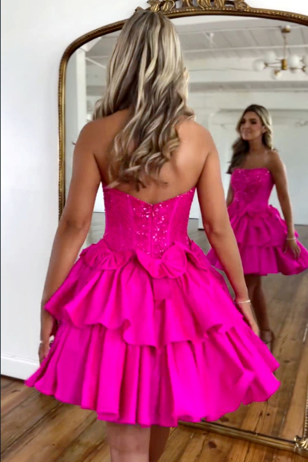 Gorgeous Hot Pink A-Line Strapless Short Satin Homecoming Dress With Beading - View 2 | VelvetHem