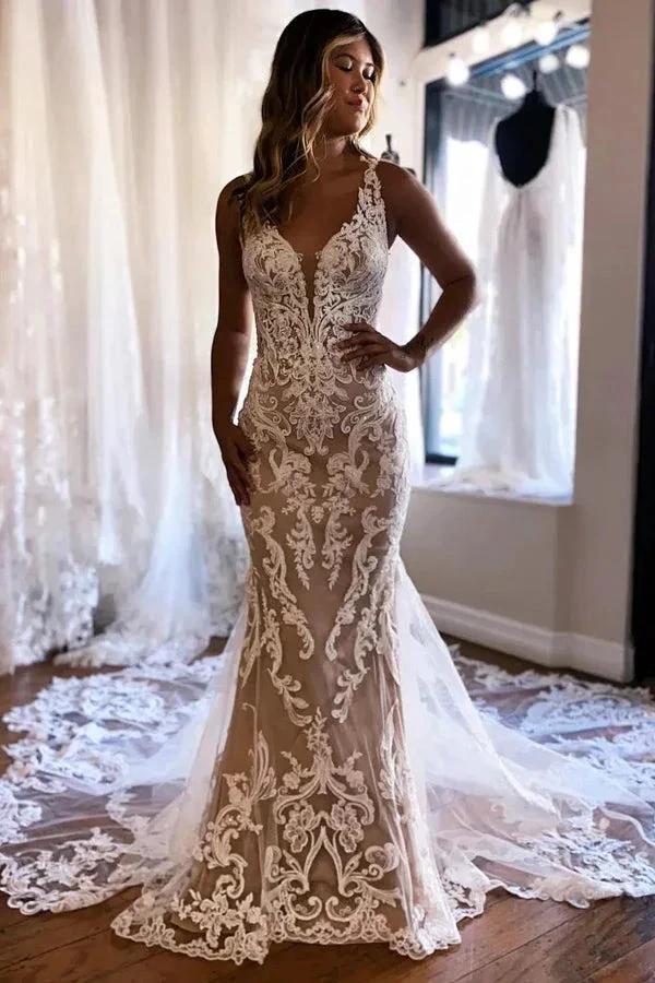 Gorgeous Mermaid Champagne Wedding Dress With Appliques WD732 by pgmdress