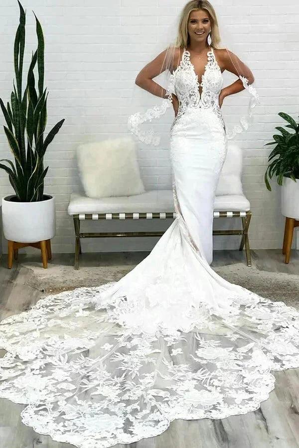 Gorgeous Mermaid Deep V Neck Backless Lace Wedding Dresses WD701 by pgmdress