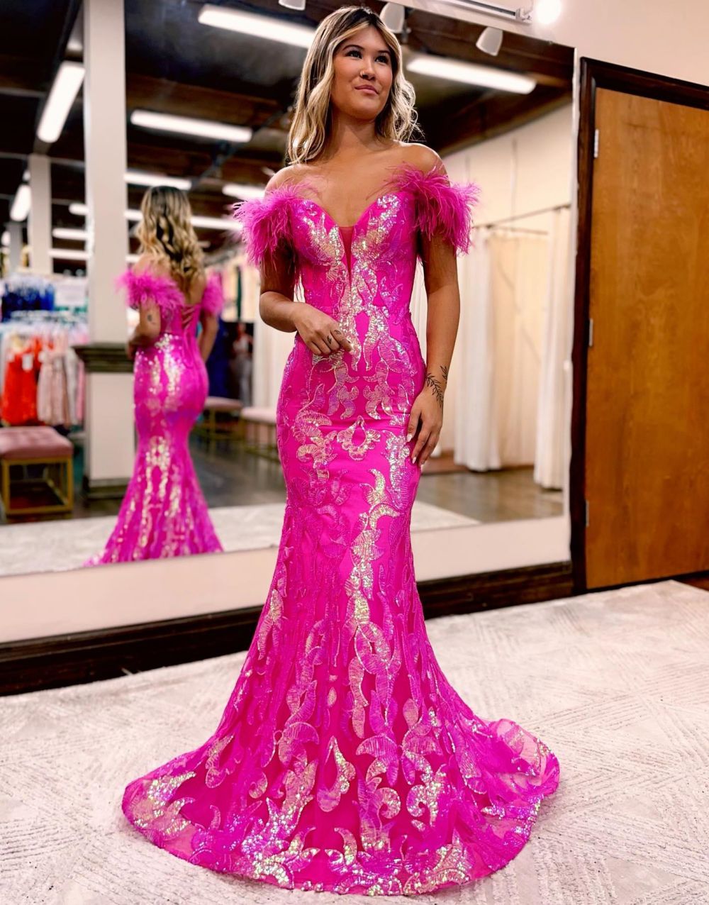 Gorgeous Mermaid Feather Off The Shoulder Prom Dress - View 4 | VelvetHem