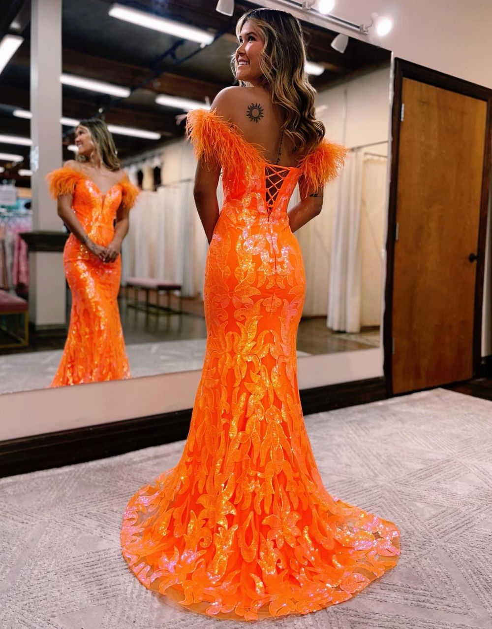 Gorgeous Mermaid Feather Off The Shoulder Prom Dress - View 2 | VelvetHem