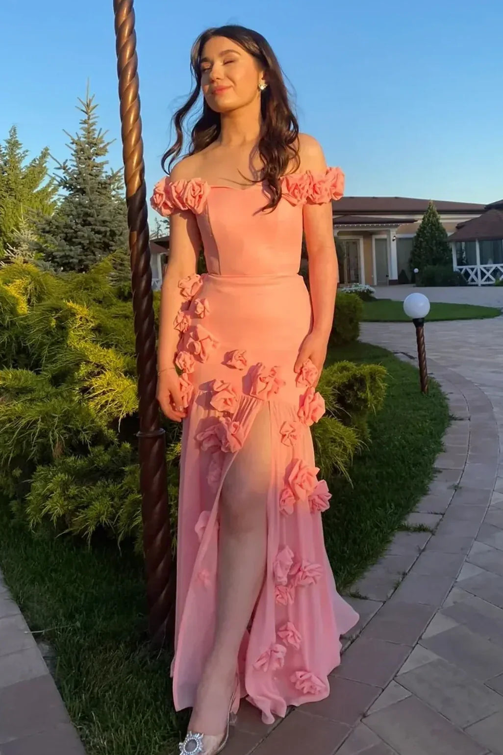 Gorgeous Mermaid Off the Shoulder Candy Pink Long Prom Dress with 3D Flowers