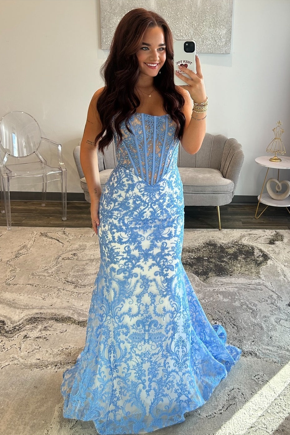 Gorgeous Mermaid Strapless Blue Corset Prom Dress with Appliques