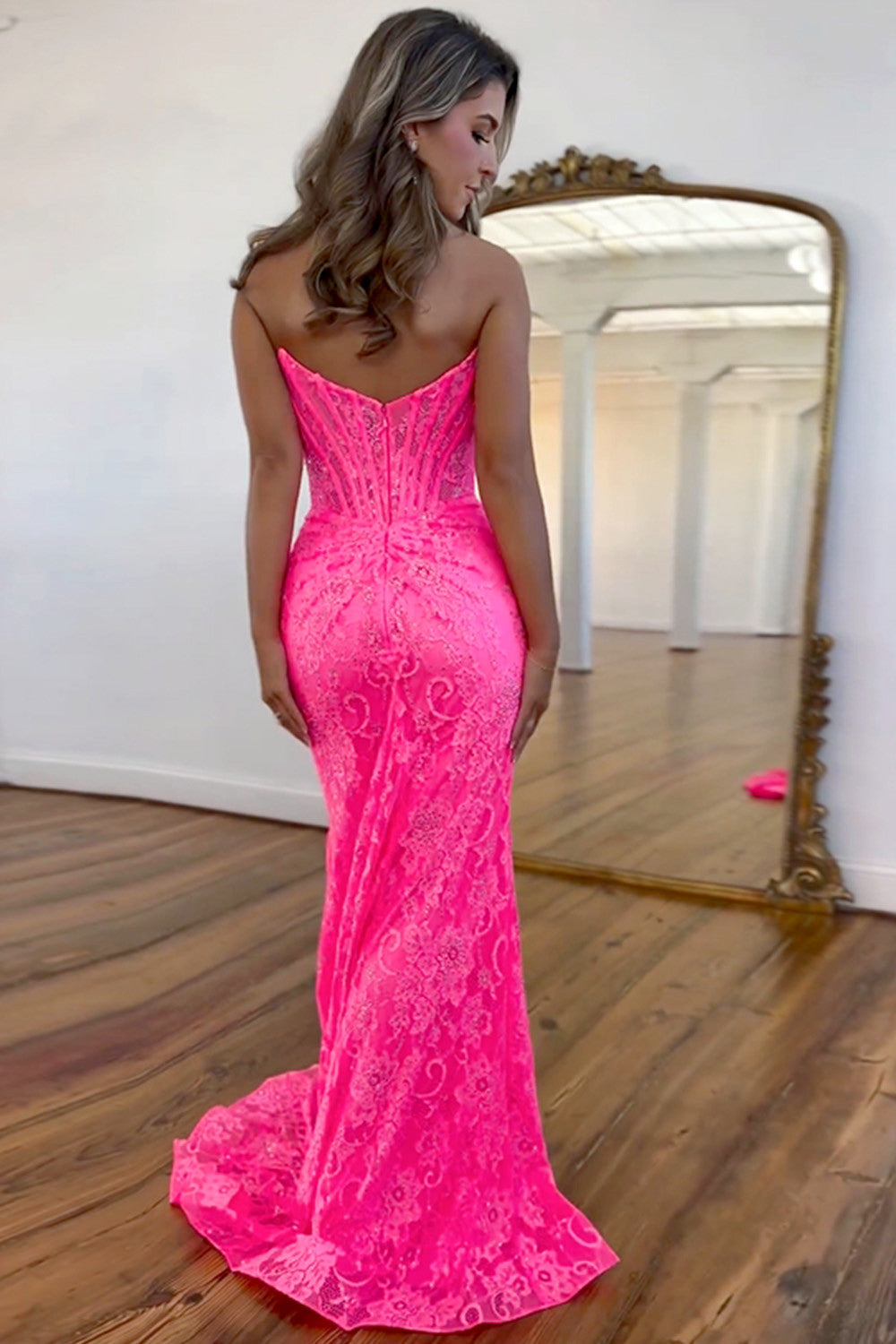Romantic Lavender Mermaid Strapless Long Lace Prom Dress With Slit - View 2 | VelvetHem