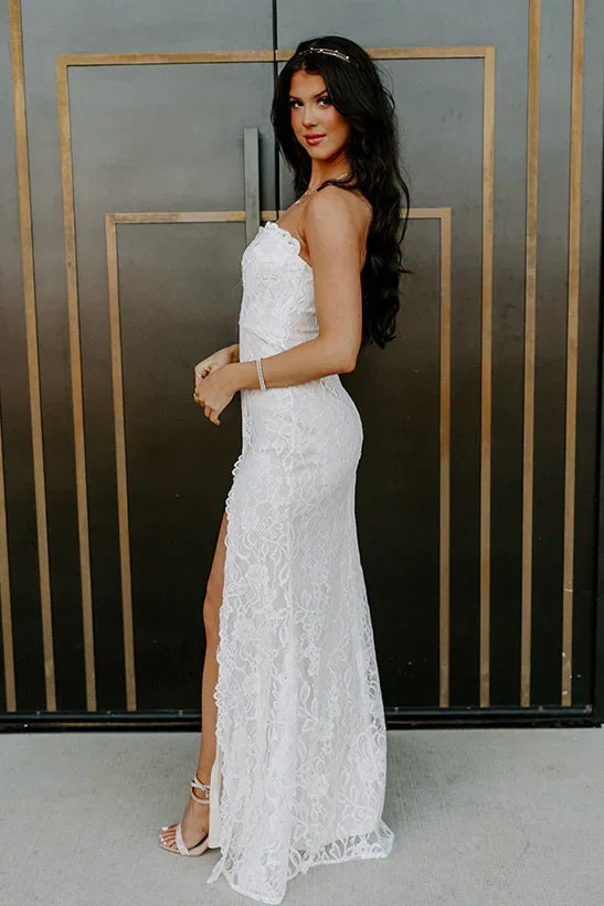 Gorgeous Mermaid Sweetheart White Lace Long Prom Dress with Beading Pearls