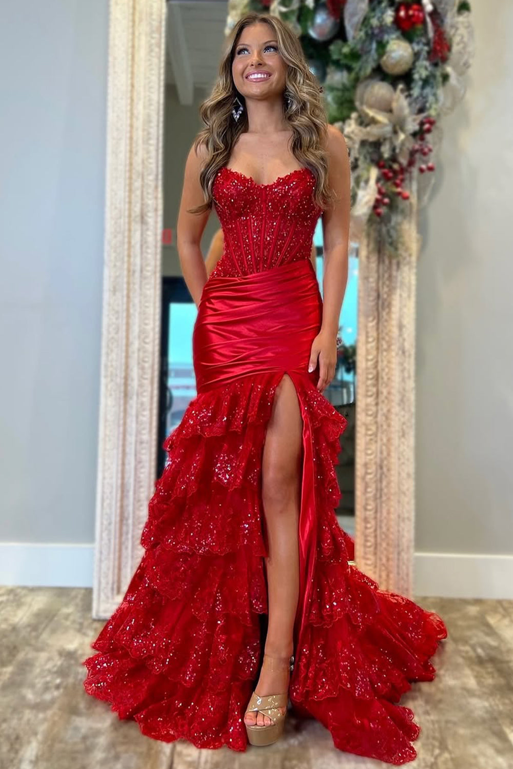Glitter Red Mermaid Strapless Long Tiered Sequin And Satin Prom Dress