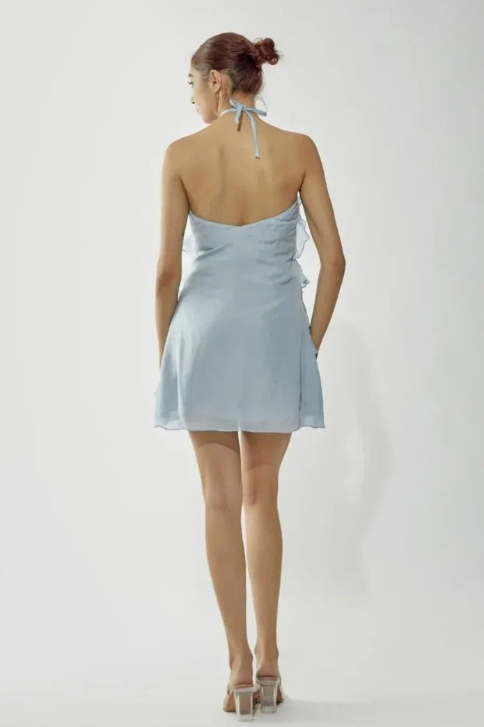 Chic A Line Halter Neck Light Blue Short Homecoming Dress with Appliques