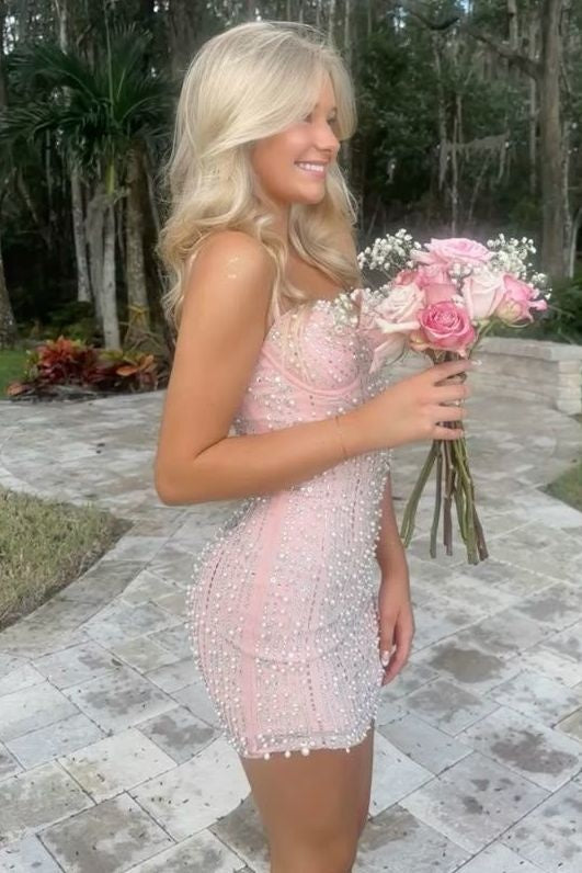 Luxurious Sheath Sweetheart Light Pink Short Homecoming Dress with Pearls