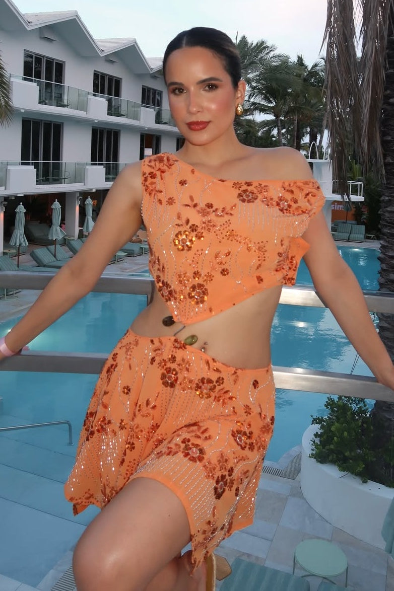 Gorgeous Two Piece Orange Short Homecoming Dress with Beading