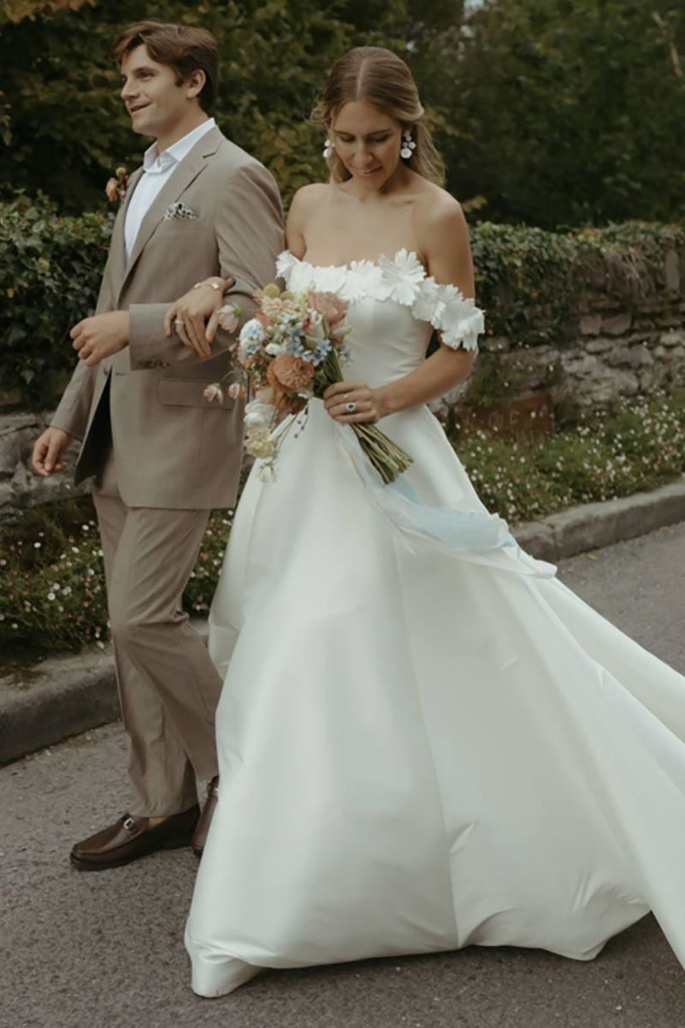 Gorgeous A Line Off the Shoulder White Bridal Dress with Flowers - VelvetHem
